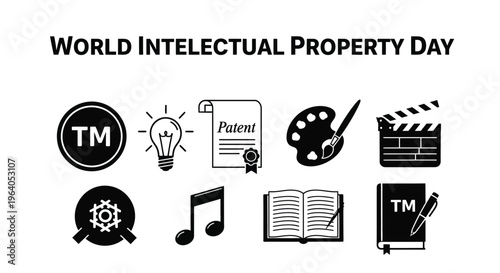 Vector graphic illustration set celebrating world intellectual property day with essential legal protection icons