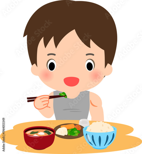 ご飯と漬物と味噌汁の食事を摂る筋肉質の男性