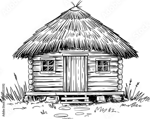 Rustic log cabin with thatched roof and stone path white background house