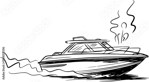 Sketchy Black And White Motorboat Sailing Water With Smoke Detail