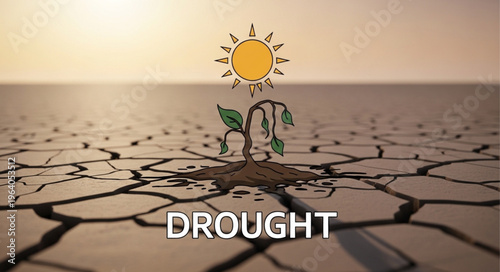 Drought-stricken plant struggling to survive under a scorching sun in cracked earth.