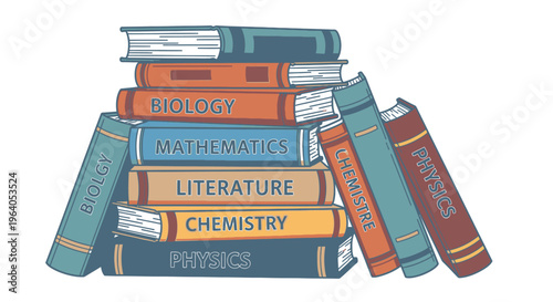 Stack of colorful educational textbooks.