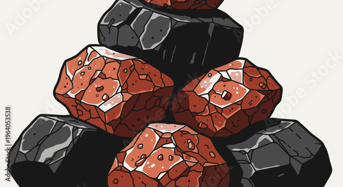 Stack of raw red and black diamonds.