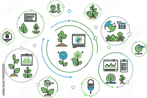 Sustainable agriculture infographic vector with eco farming process, plant growth stages, environmental monitoring, green technology icons and circular workflow design illustration