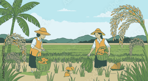 Two farmers working in rice field.