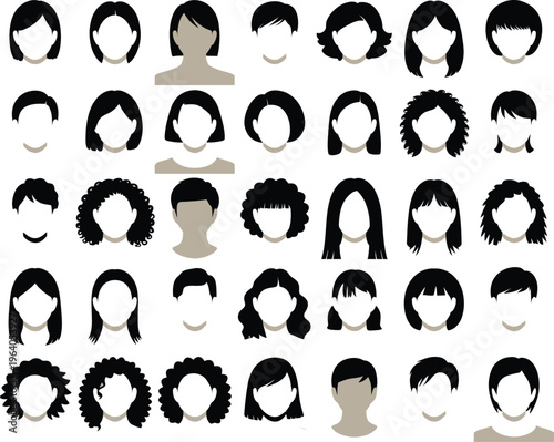 Diverse hairstyle avatar icons set: collection of black silhouettes for men and women, representing haircuts and styles, short hair, long hair, curly hair, straight hair