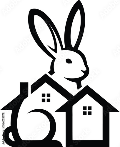 A black and white illustration of a rabbit sitting between two houses