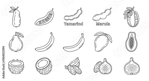 Variety of fruit and vegetables icons.