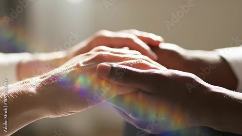 Close-up of diverse interracial hands holding each other in support and compassion with soft rainbow light leaks, symbolizing hope and togetherness.