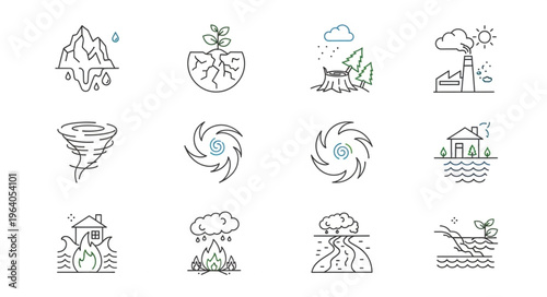 Collection of Natural Disaster Icons - Earthquake, Flood, Hurricane, Tornado.