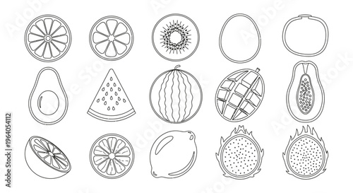 Variety of fruit icons line art 2.