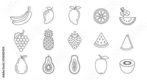 Variety of fruit icons line art 3.