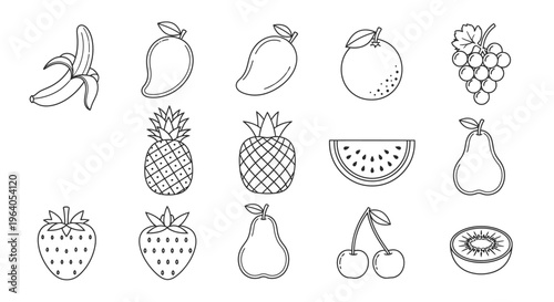 Variety of fruit icons line art 6.