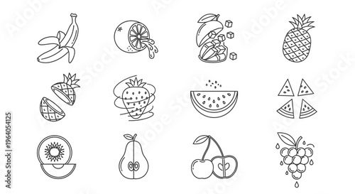 Variety of fruit icons line art 4.