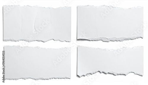 Four white, torn paper pieces, isolated on a white background, show ragged edges