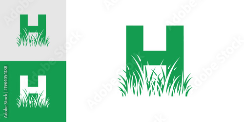 Green letter H logo with lush grass growing at its base, symbolizing nature, growth, or a lawn care business.