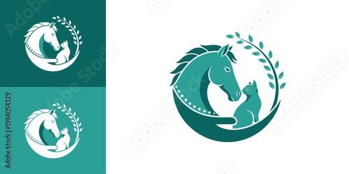 A teal and white logo design featuring a horse and a cat nestled together within a crescent shape, surrounded by a leafy branch, symbolizing animal care and companionship.