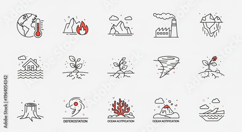 Collection of Line Art Icons Depicting Various Natural Disasters and Environmental Issues.