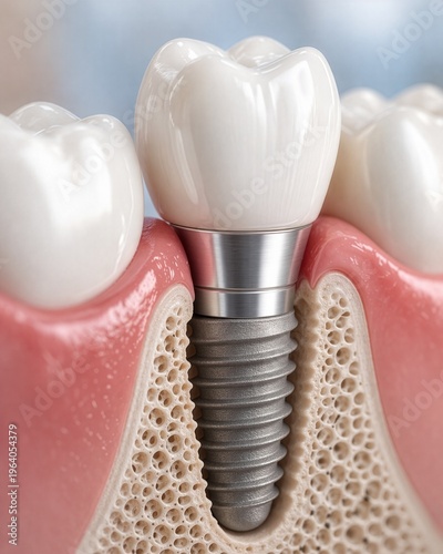 Close-up of a dental implant in the jawbone with a titanium screw and ceramic crown. Healthy gums fit snugly, showing proper integration. Highlights modern dentistry, and natural tooth restoration.