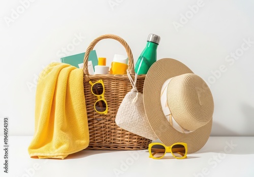 Wicker basket with beach essentials yellow towel sunglasses hat beach basket straw hat