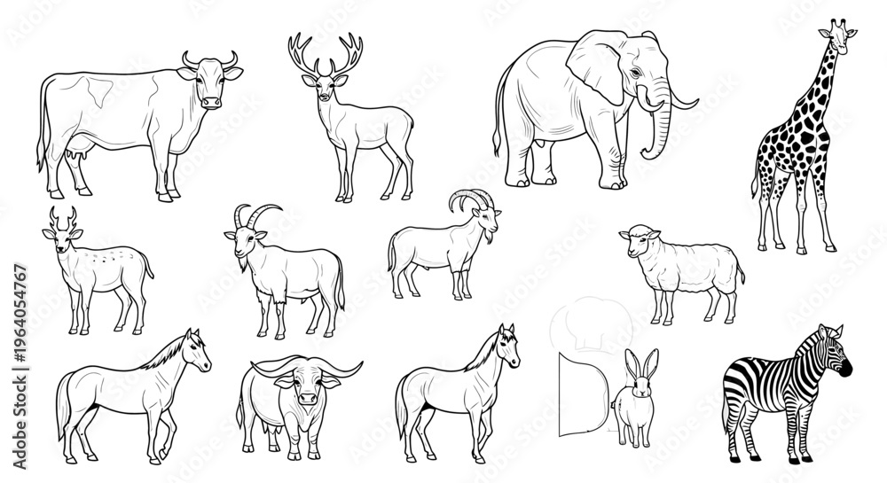 Naklejka premium Various animals in a line drawing.