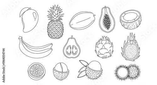 Variety of whole exotic fruits.