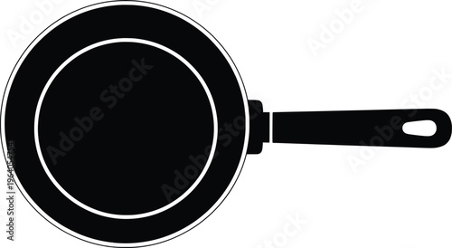 A sleek black frying pan silhouette with handle sits on a clean white background for culinary illustration purposes effectively showcasing kitchenware design.