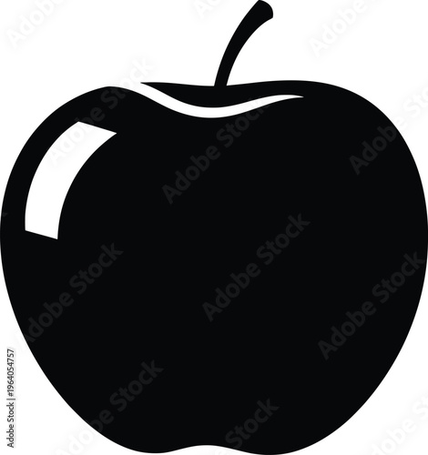 A high-resolution black silhouette vector illustration of a single apple with a stem is prominently displayed on a clean white background in a simple still life composition.