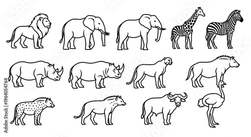 Various African wild animals standing still.