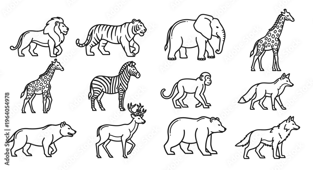 Naklejka premium Various Wild Animals Line Drawings 2.