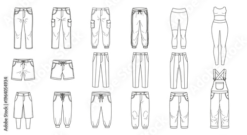 Various styles of pants and shorts.
