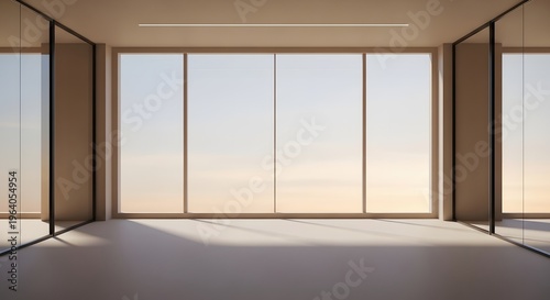 Modern empty office interior with large panoramic windows, minimalist corporate workspace background, spacious room with glass walls and sunset view