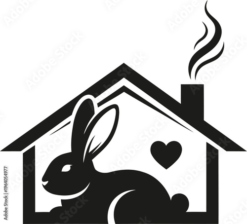 A black silhouette of a rabbit in a cozy house with a heart and smoke from the chimney