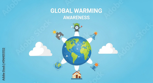 Global Warming Awareness Illustration - Earth Surrounded by Environmental Impact.