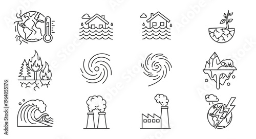 Climate Change Icons - Global Warming, Floods, Wildfires, and Pollution.