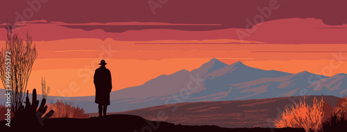 Western Cowboy Silhouette in Desert at Sunset Vector Background