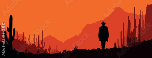 Western Cowboy Silhouette in Desert at Sunset Vector Background