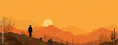 Western Cowboy Silhouette in Desert at Sunset Vector Background