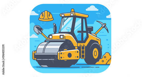 Yellow road roller construction vehicle machine 1.