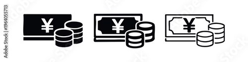 Japanese Yen or Chinese Yuan currency icons with coin stacks. Money and wealth symbols.