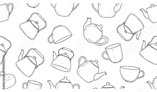 Minimal tea kettle and mug seamless pattern vector vintage kitchen tableware line art isolated on white background
