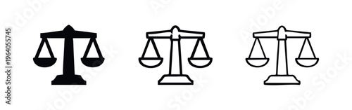 Scales of Justice Icon Set. Law, equality, and measurement symbols in various styles.