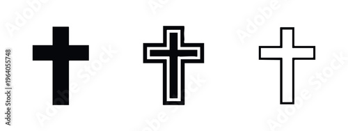 Christian Cross Icon Set with Double Outline - Religious Faith and Spirituality Symbol Vector Collection