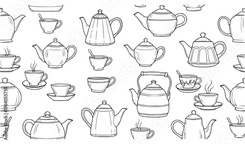 Vintage teapot kettle and cup doodle seamless pattern vector cute porcelain kitchenware collection isolated on white background