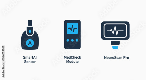 Digital healthcare technology icons illustrating medical devices for monitoring, diagnostics, and AI integration in smart health systems