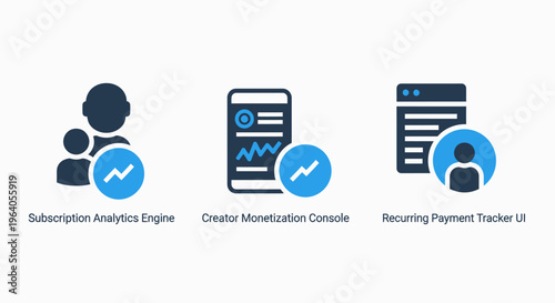 Digital subscription and analytics icons: user engagement, monetization, and talent recruitment for modern business platforms