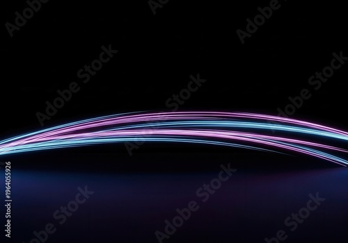Curved neon ribbons forming fluid motion arcs with soft glow reflections on blacksolid background
