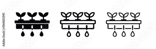 Hydroponic irrigation system icon set. Modern indoor farming technology.