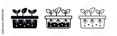 Potted plants with roots icon set. Gardening and indoor plant cultivation.