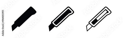 Utility knife box cutter icon set. Cutting tool and stationery symbol.